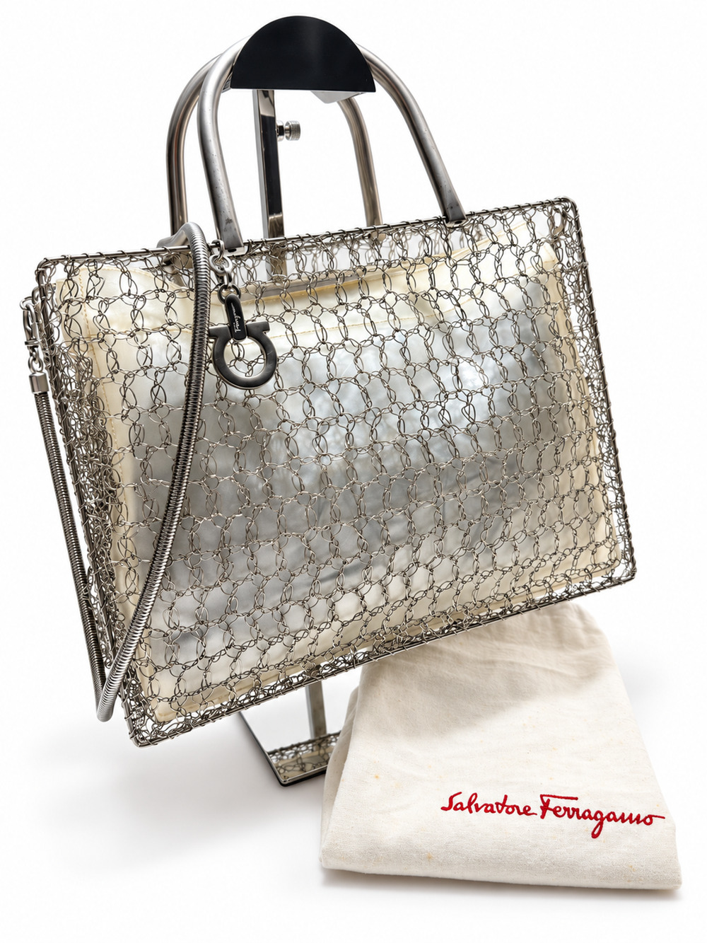 Vintage 1999 Salvatore Ferragamo Wire Crochet Cage Tote Bag Gancini Silver COA